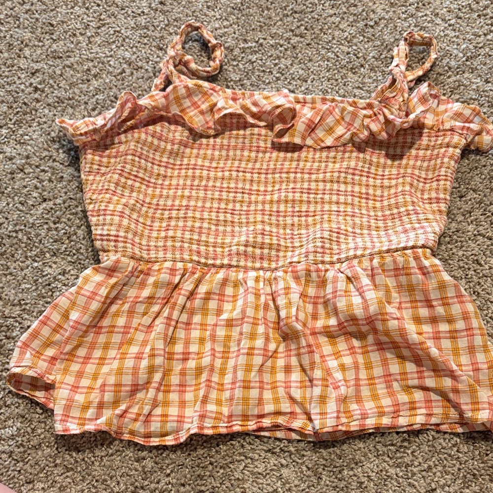 Old Navy Plaid Ruffle Smocked Peplum Tank Top - Peach & Orange